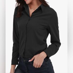 Gemolly Women's Basic Button Down Shirts Simple Stretch Long Sleeve